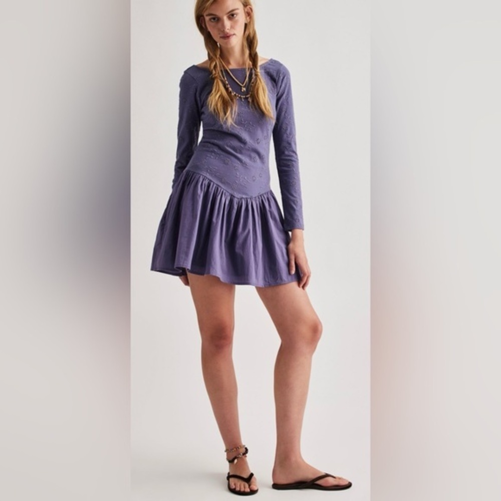 NWT Free People S Surley Mini Dress in Heron Blue/Purple Color New $108